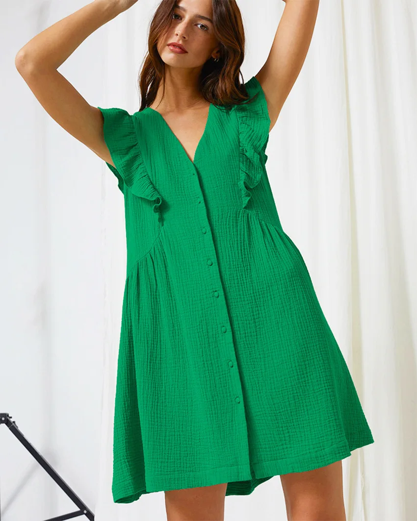 

Women Green Embroidery Ruffled Poplin Mini Dress Vintage V neck Sleevesless Buttons Female Loose Dresses