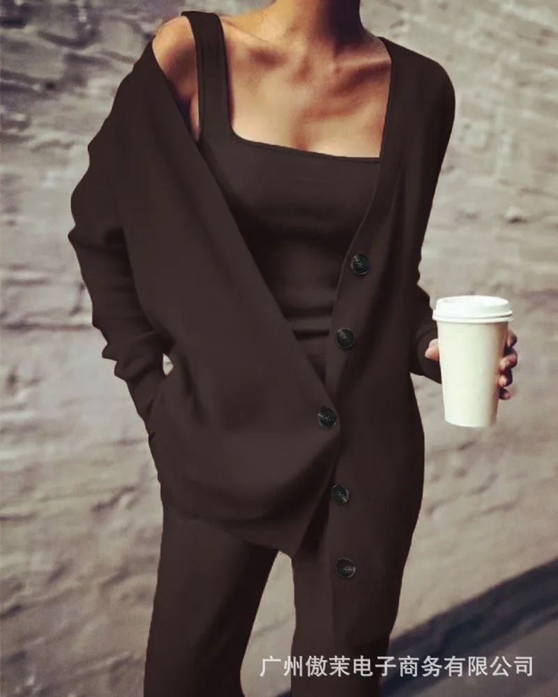 

Женский спортивный костюм из трех предметов, однотонный однобортный Кардиган на пуговицах с длинным рукавом, повседневные свободные вязаные брюки-карандаш