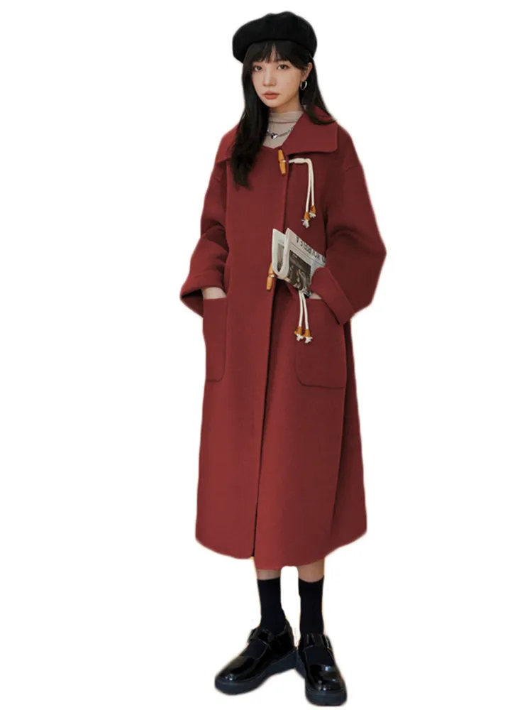 

Spring Woolen Coat Women 2022 Winter New Korean Version Mid-length Outer Wear Fashion Thickened Loose Long Coat Red N1492