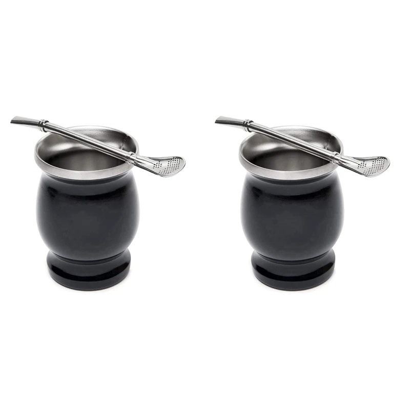 

2X Yerba Mate Gourd Set Double-Wall Stainless Steel Mate Tea Cup And Bombilla 8 Ounces Bombillas Yerba Mate Straw Black