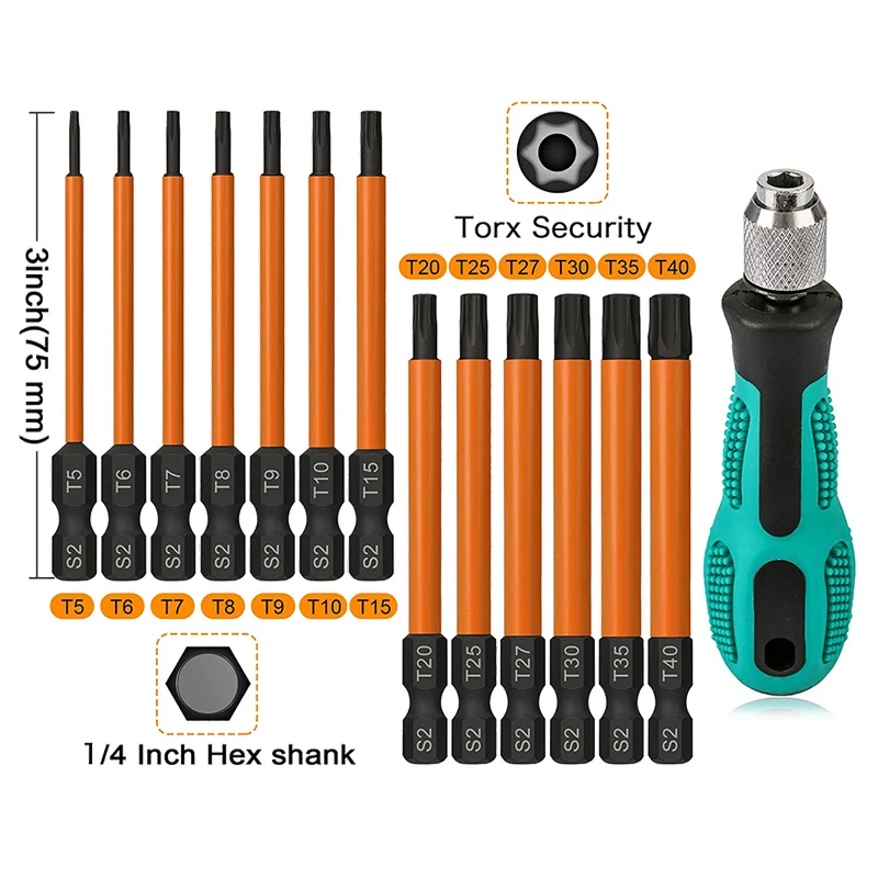 

Набор отверток, комплект из 13 насадок с шестигранным хвостовиком 75 мм и магнитным держателем Torx 1/4
