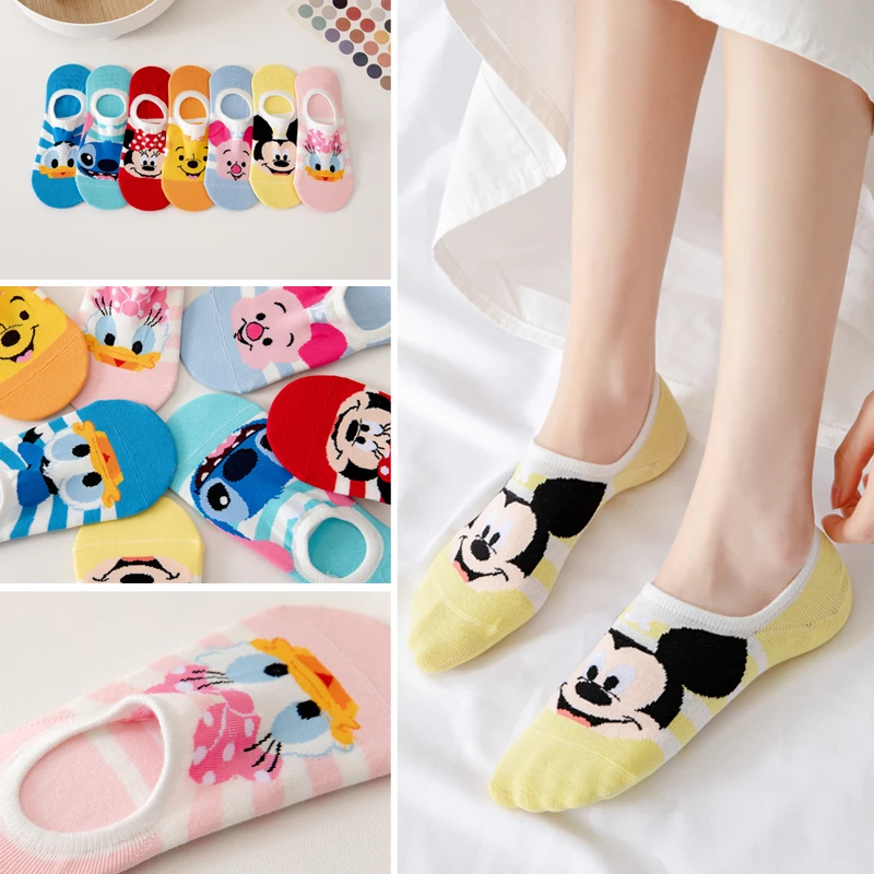 

7 Pairs Disney Women Socks Mickey Minnie Winnie Daisy Stitch Summer Cartoon slipper Socks Non-slip silicone invisible Ankle Sock