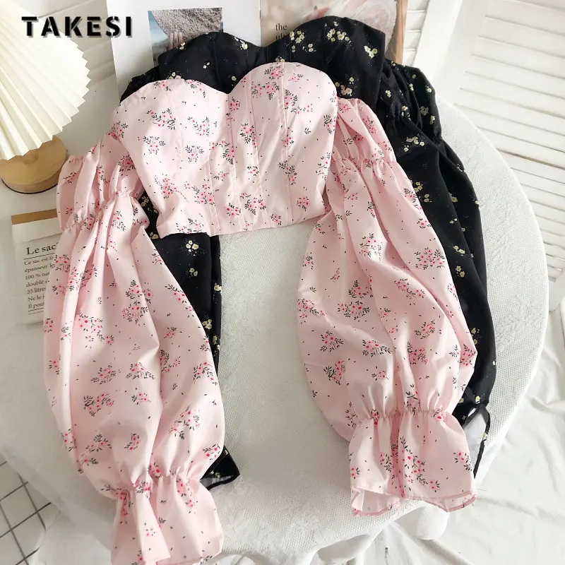 

2023 Summer Sexy High Street Off Shoulder Floral Print Puff Sleeve T-shirts For Women Sweet Causal Slim Fit Tees Female CropTop