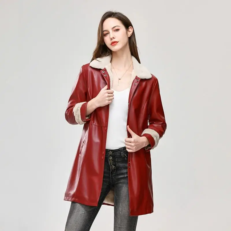 Trendy Women Winter Long Leather Jacket Fleece keeps you warm leather coat Korean version of the popular leather jacket red Tops