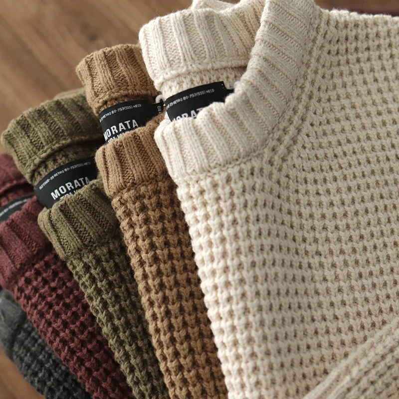 Vintage Waffle Knitted Sweater Men Autumn Winter New Thick Khaki Round Neck Loose Long Sleeve Sweater Retro Casual Pullover Tops