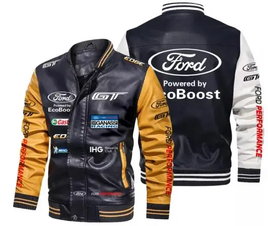 

New Men's bomber Ford Rally logo Jackets Autumn Casual Motorcycle PU Jacket Biker Leather Coats Brand Clothing EU Size
