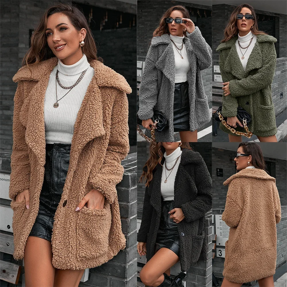 

Casual loose single breasted fur coat loose lapel lamb plush trench coat