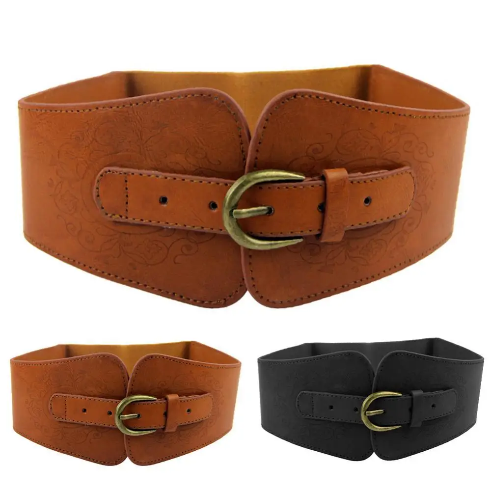 

Vintage Women Faux Leather Buckle Elastic Wide Belt Strap Solid Color Waistband