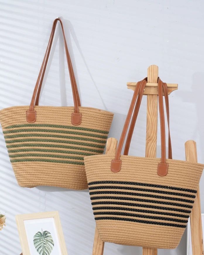 

New Fashion Ladies Handwoven Cotton Sliver Weave Rope Bag Shoulder Retro Bags Large Capacity Beach Women's Travel Leisure Bag