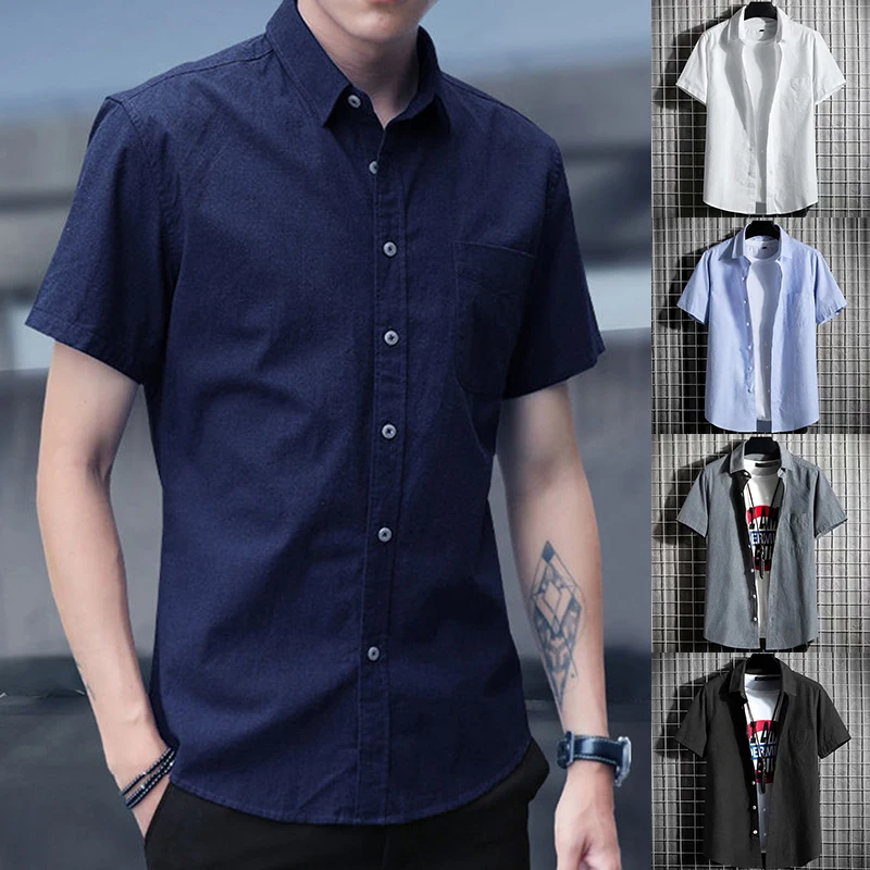 

Men's Oxford Short Sleeve Summer Casual Shirts Single Pocket Comfortable Standard-fit Button-down Solid Color Cotton Shirt