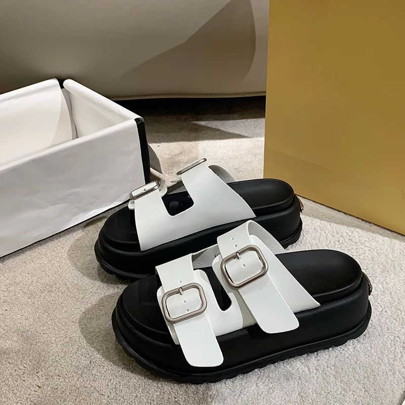 Genuine Leather Platform Roman Sandals for Women 2023 Summer New Casual Belt Buckle Beach Shoes Fashion