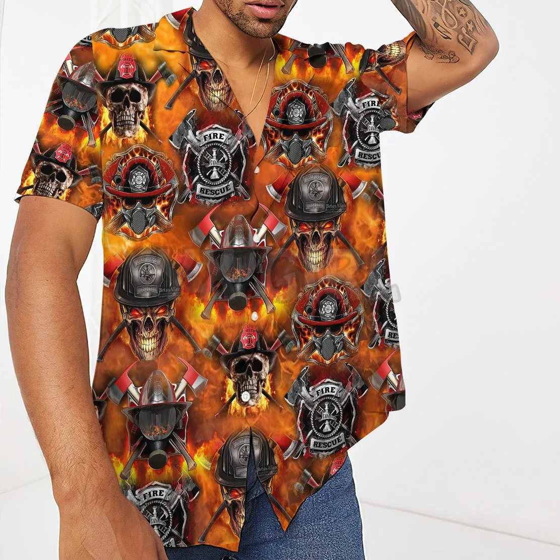 Firefighter Skull 3D All Over Printed Hawaiian Shirt Men's For Women's Harajuku Casual Shirt Unisex