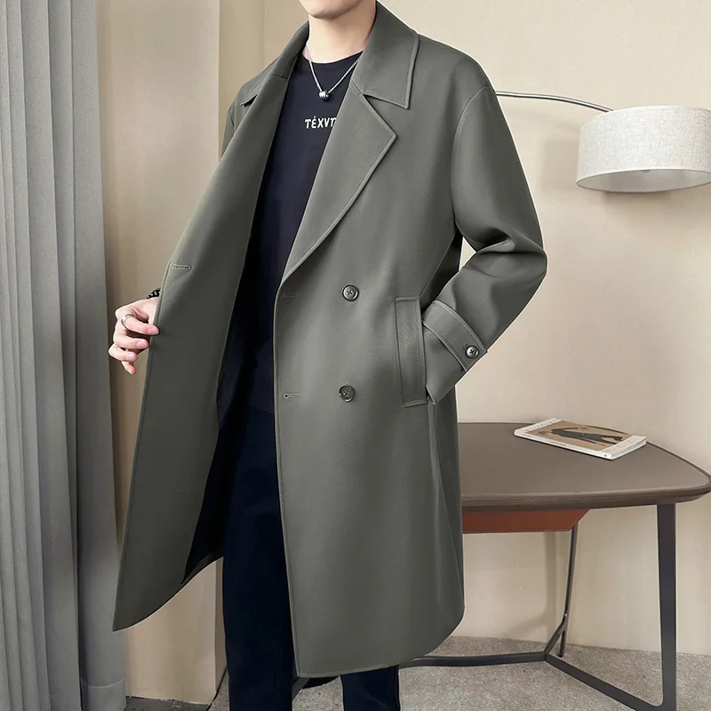 2024 весна и осень новый модный однотонный длинный плащ мужской свободный