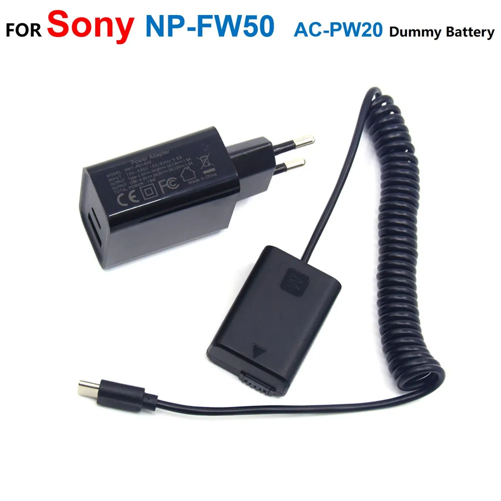 

NP-FW50 AC-PW20 Fake Battery USB C PD Convert Power Bank Cable For Sony NEX3 SLTA55 NEX-6 A7S2 A7R A7RII A3500 A5000 A6300 A6500