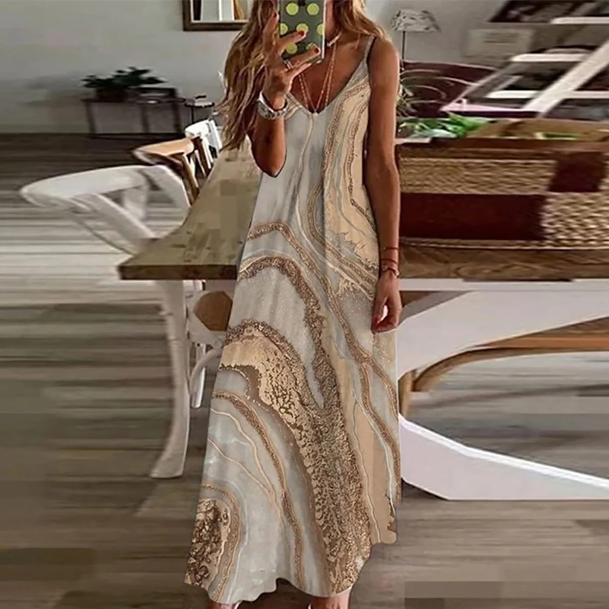 

Yeezzi Summer Female Long Ladies Fashion Button Sleeveless Elegant Chic Printed Spaghetti-Neck Maxi Dress for Women 2022 New
