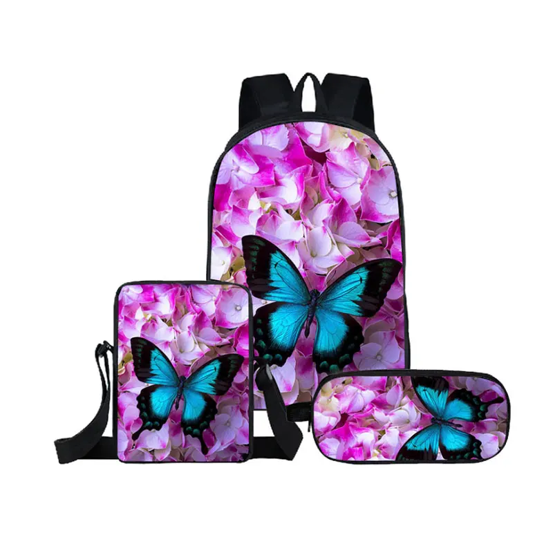 

Trendy Kawaii Youthful Butterfly 3pcs/Set Backpack 3D Print Student Bookbag Travel Laptop Daypack Shoulder Bags Pencil Case