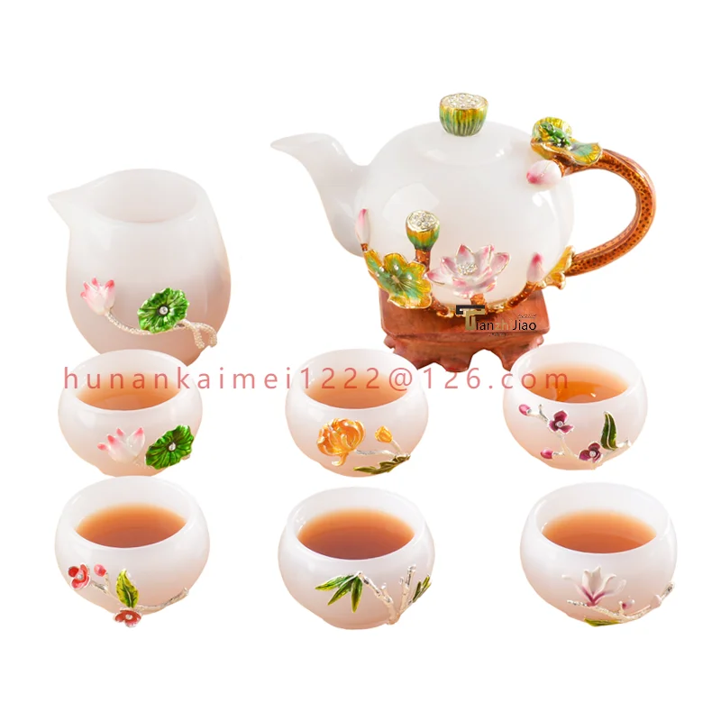 

High Grade Chinese Kung Fu Tea Cup Gift Set Enamel Flower LiuLi Jade Tea Glass Cup