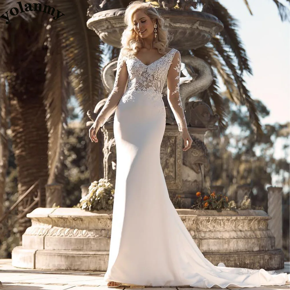 

YOLANMY Modest Wedding Dresses V-Neck Long Sleeves Satin Appliques Bridal Gown Vestido De Casamento Customised For Women