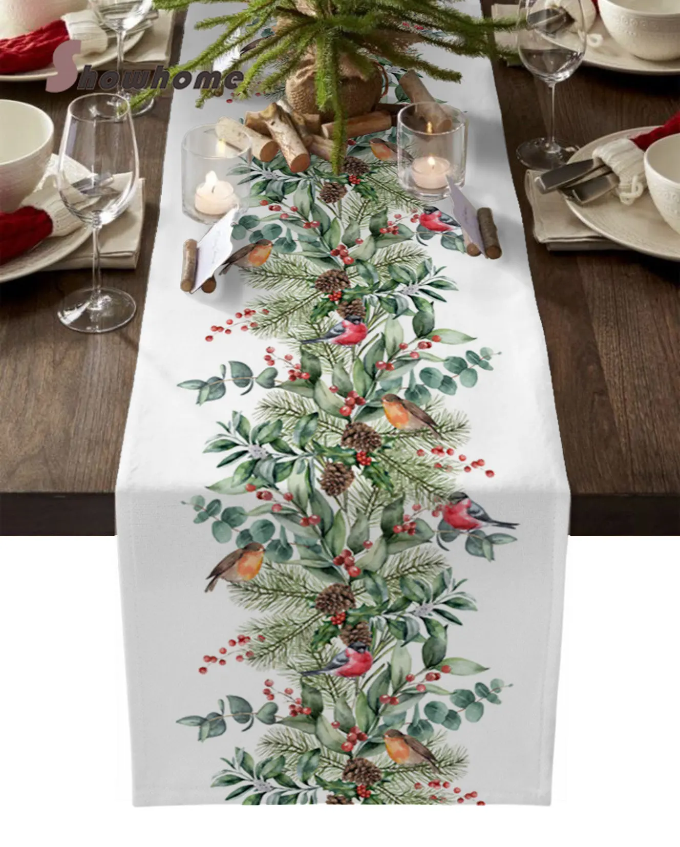 

Christmas Eucalyptus Berries Robin Table Runner Christmas Dining Decor Table Runner Wedding Party Decor Table Cloth