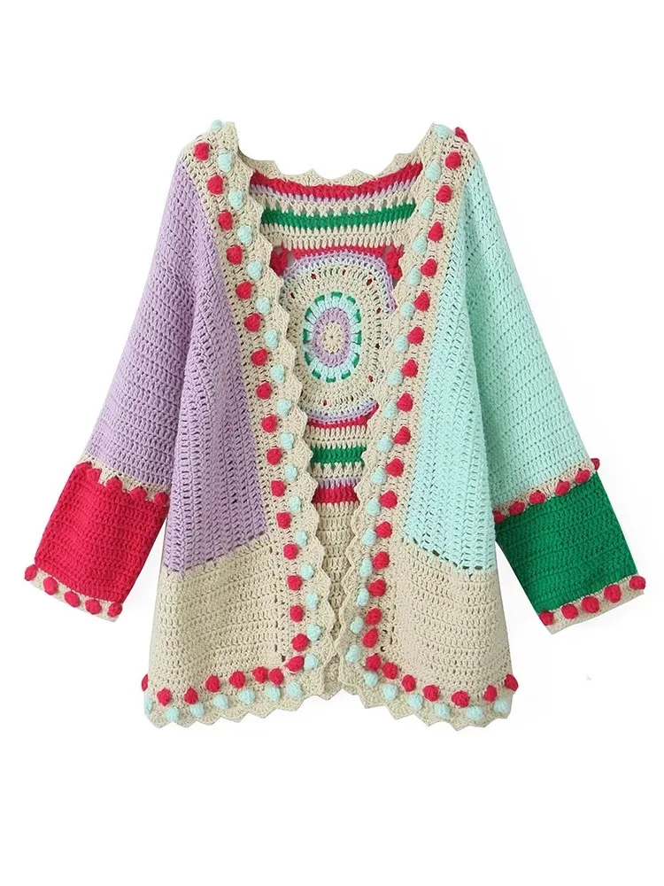 Женский винтажный свитер ручной работы вязаный крючком кардиган контрастных