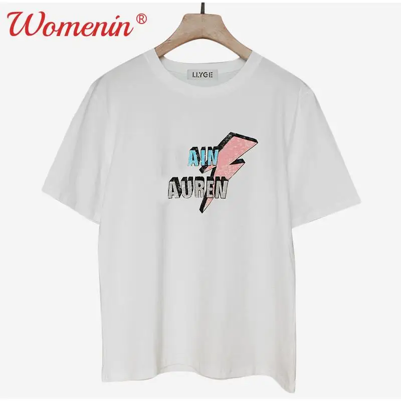 Low Price Clearance Letter Print Women T-shirts 100% Cotton O-Neck Short Sleeve Female 2022 Summer Street Lady Tee Tops |