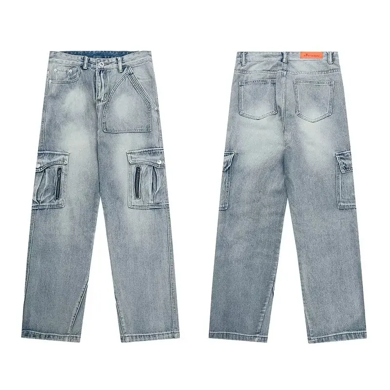 American Retro Jeans Mens Fashion High Street Multi-pocket Overalls Loose Straight Washing Old Trousers for Men