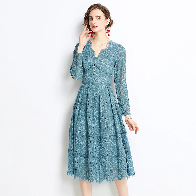 

Women Autumn Designer Elegant Sexy V Neck Pleated Wedding Cocktail Party Robe Female Vintage Blue Lace A-Line Midi Dress Vestido