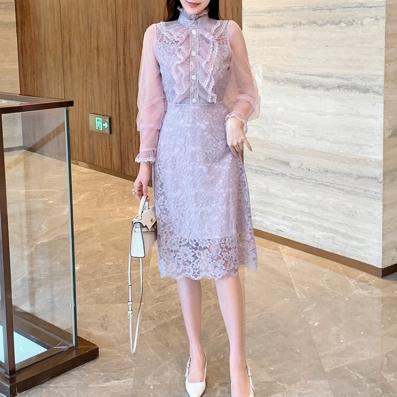 

Женская кружевная юбка с длинным рукавом, с оборками и вышивкой