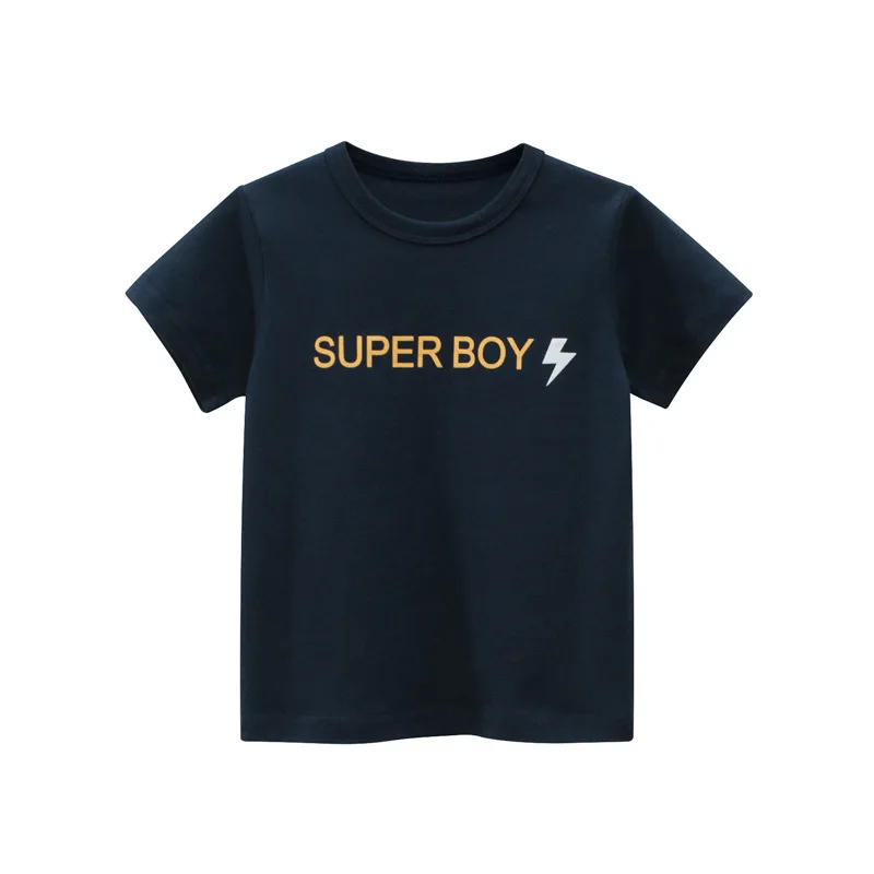 

27kids Summer Boys T-shirt Short Sleeve Lightning letters Knitting Casual Cotton Breathable Solid Color Children Top Clothing