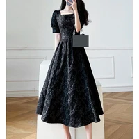 2022 summer new high waist slim french retro black dress casual a line square collar summer vestido feminino