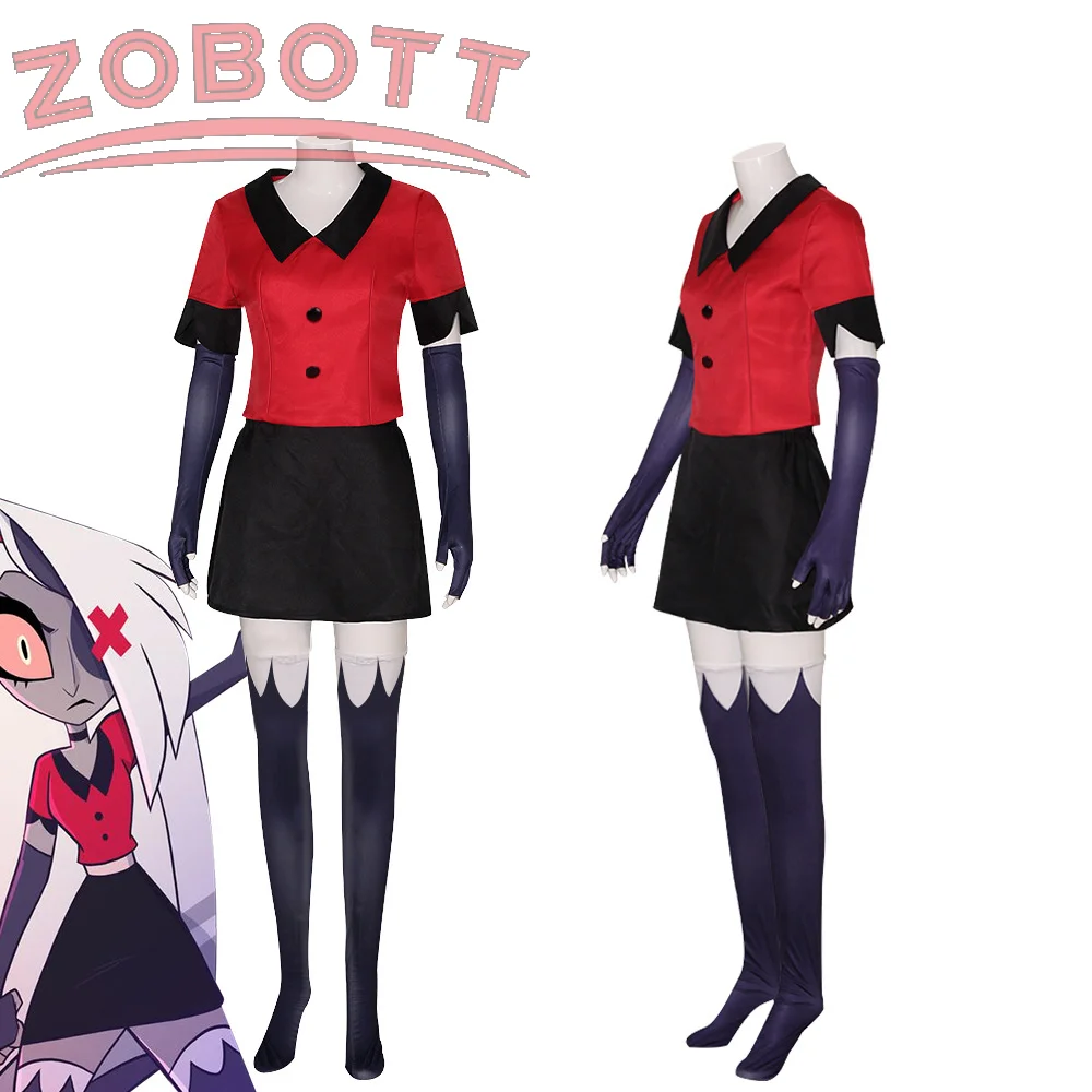 Hazbin COS Hotel Vaggie Косплей Костюм Женский Красный Топ Черная Юбка Перчатки Брюки