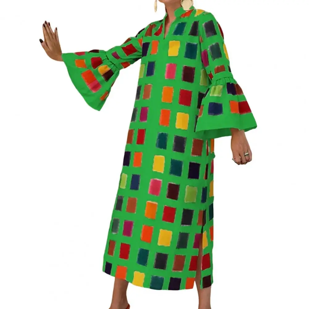 

Classic Breathable Anti-pilling Colorful Square Printing Long Sleeve Midi Dress for Wedding Holiday Dress Loose Dress
