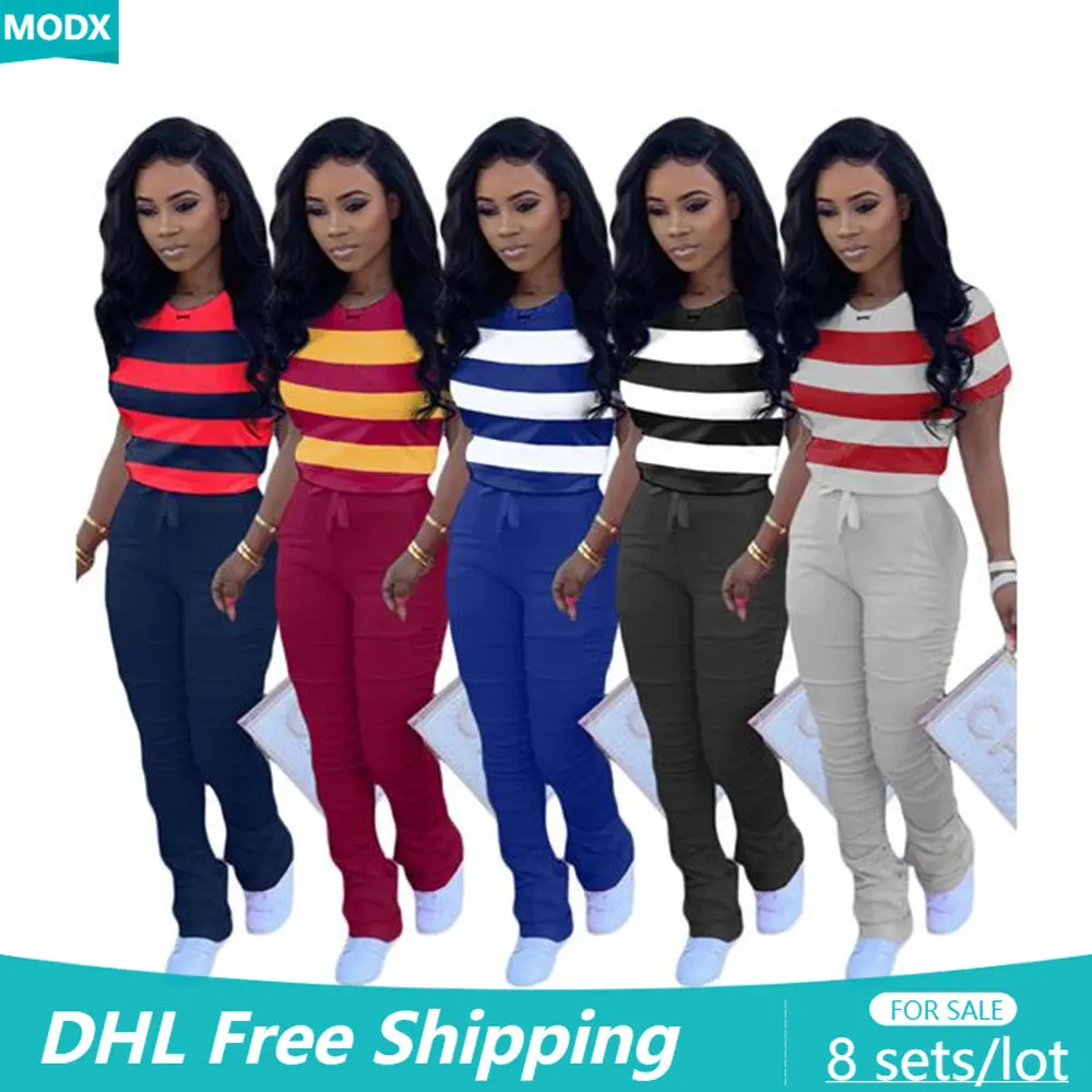 

Striped Print Women Tracksuits Casual Folds 2 Piece Set Short Sleeve Lady Sportswear T-shirt + Pants Femme Outfit Wholesale 8423