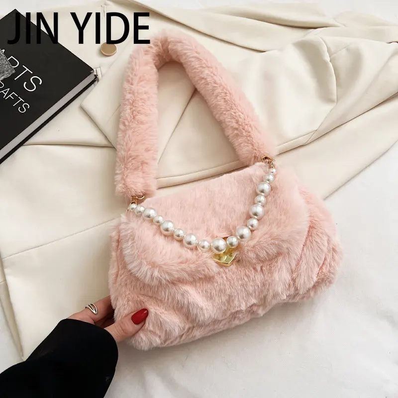 

JINYIDE Fashion Pearls Chains Fluffy Women Shoulder Bag Soft Plush Lady Handbags Cute Faux Fur Small Tote Bag Warm Winter Purses