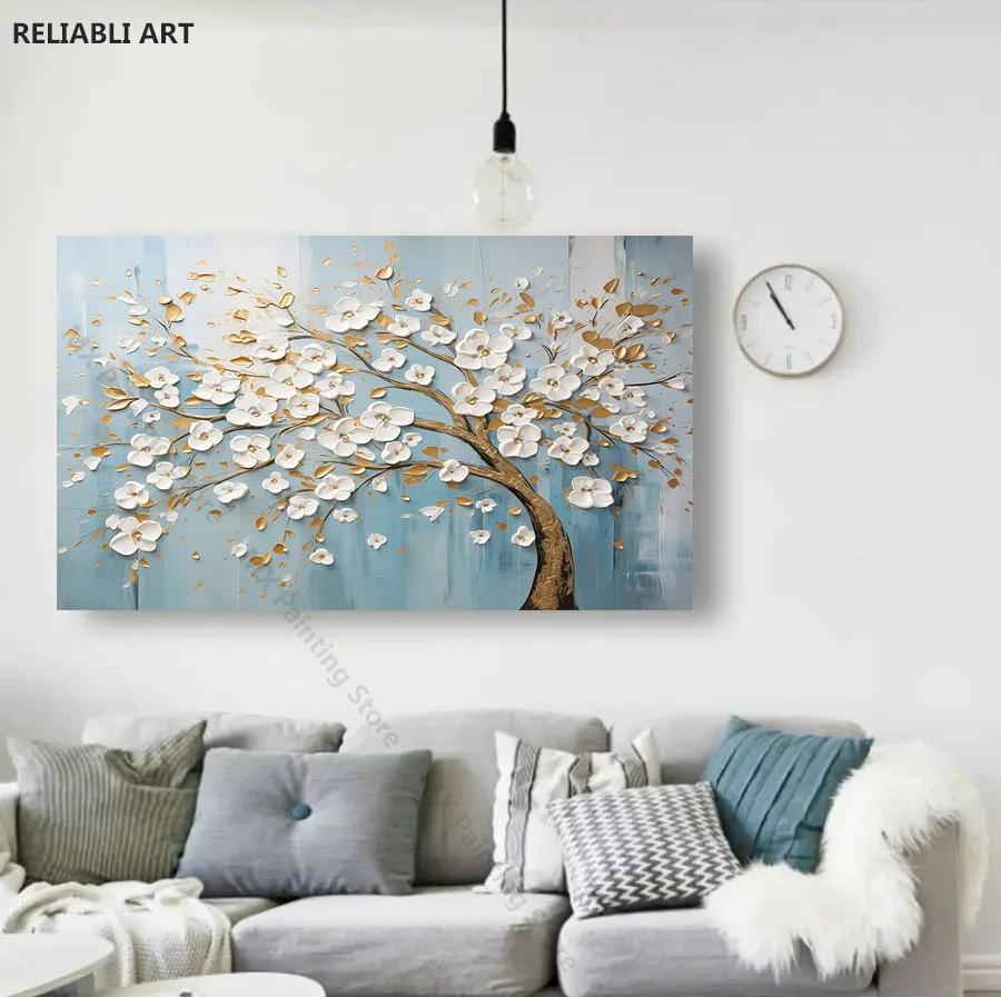 Абстрактный белый цветок дерево золотые листья синий фон Настенный декор