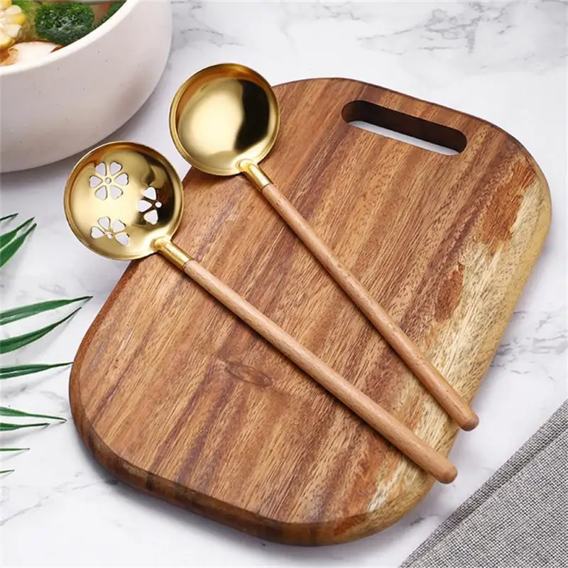 

With Long Handle Ramen Small Soup Spoon Household 304 Stainless Steel Cooking Spoon Beech Handle Kitchen Accessories Spoon