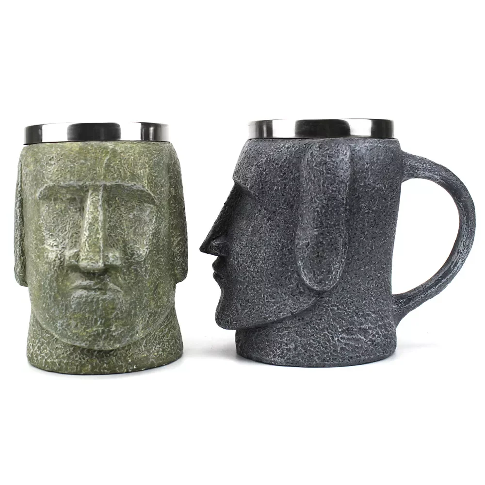 

2022New Brown Easter Islander Mug with Can Opener Polynesian Stone Statue Tankard Coffee Beer Mugs Easter Island Lover Gift 600m