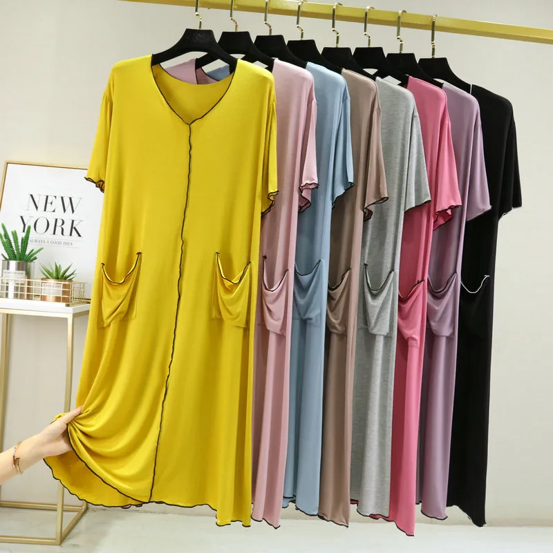 Summer Modal Home Wear Nightshirt Long Dress V-Neck Double Pocket Short Sleeve Loose Nightgowns For Women Nightdress