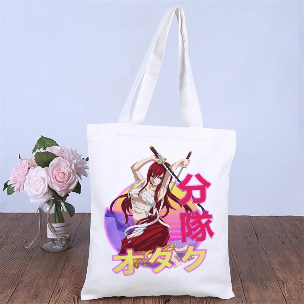 

Erza ScarletHandbag Fairy Tail Anime Shoulder Canvas Bags Students Pocket Double Print Shopper HandBags Capacity Pouch Tote Bag