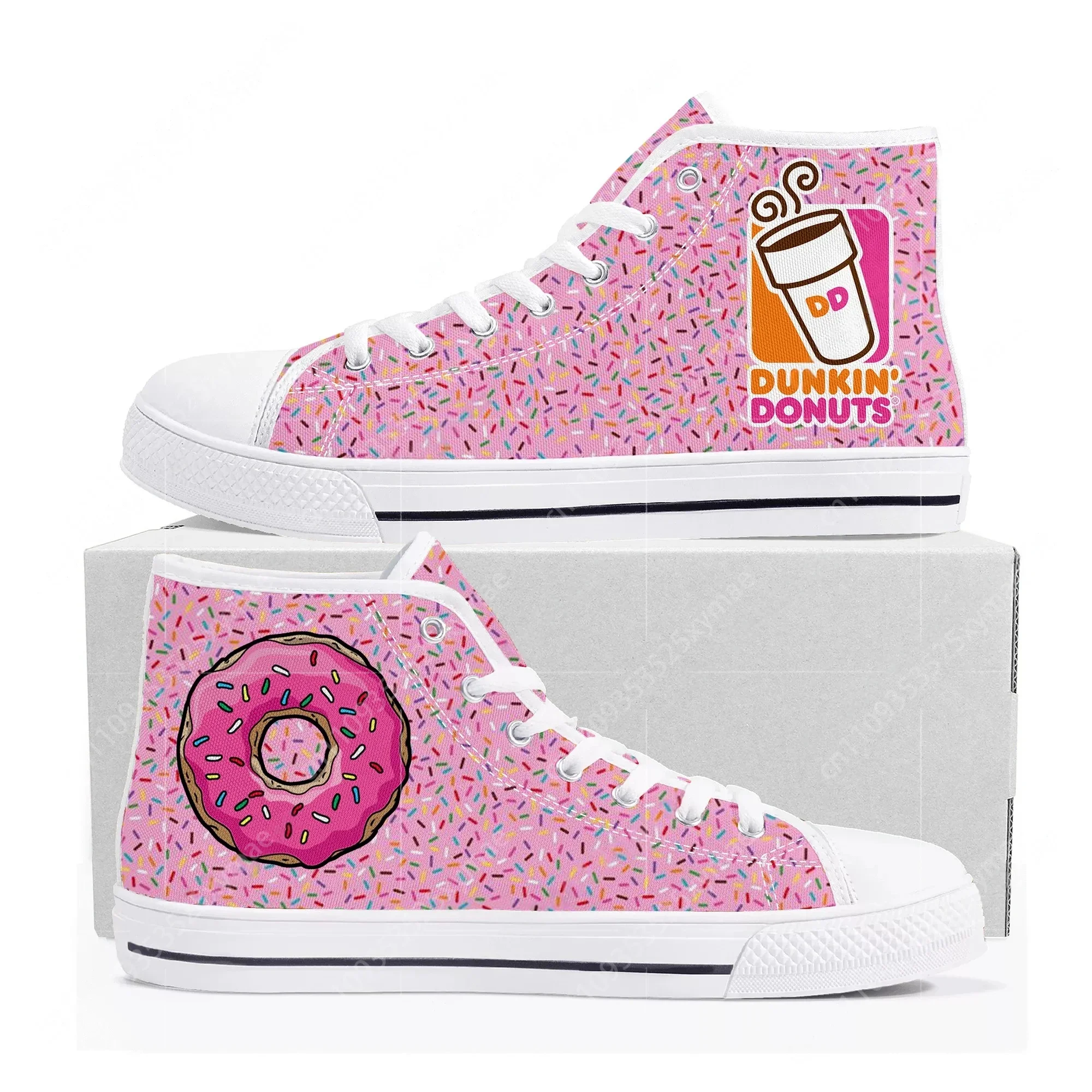 Фото Кроссовки Dunkin' Deez Nuts Drinks High Top высокого качества для мужчин, женщин и подростков, повседневные кеды из канваса, обувь для пар, изготовленная на заказ №2