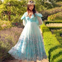 sky blue tulle butterfly fairy prom dresses puffy long sleeve v neck tea length evening gown a line girl graduation dress 2022