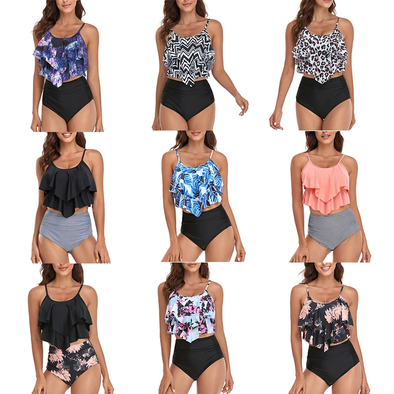 Tropical&Leopard Print Sexy Ruffle Bikini 2020 Large Size Women High Waist Swimwear Push Up Large Size Swimwear Beach Bath Suit