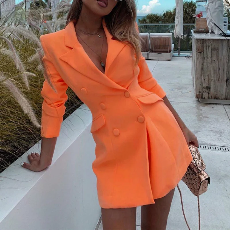 

Женский офисный Блейзер, элегантный двубортный жакет оранжевого цвета с отложным воротником, повседневная верхняя одежда, облегающие блейзеры, осень 2023