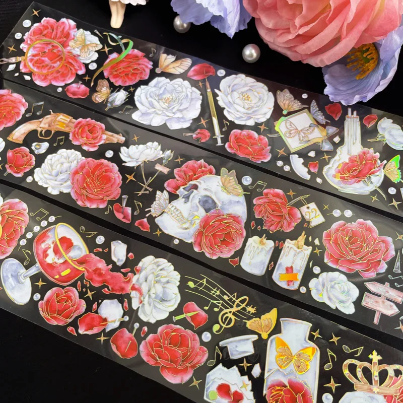 

Vintage Gothic Red Flower Dream Laser Gold PET Tapes DIY Decor Scrapbooking Card Making Journaling Material Plan Sticker