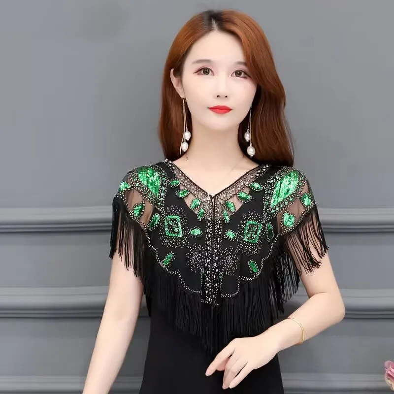 

Женская шаль с блестками в стиле 1920-х с кисточками, жемчужинами и бахромой, прозрачные сетчатые повязки, шаль в стиле Гэтсби, накидка-болеро, накидка