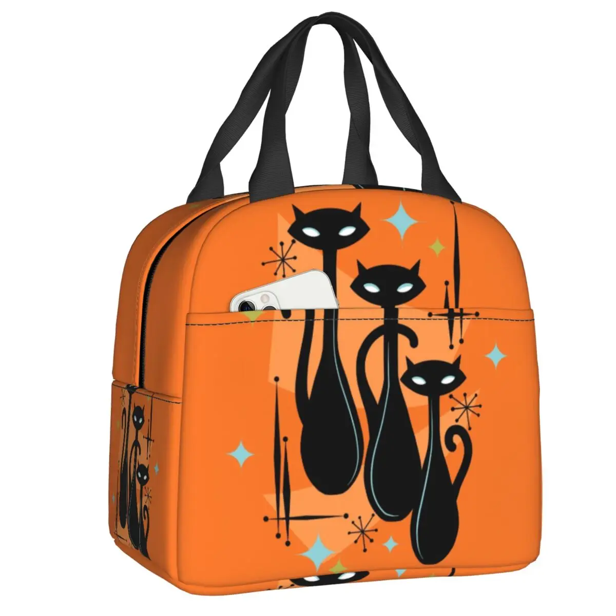 

Vintage Style Atomic Black Cat Resuable Lunch Box Women Leakproof Cartoon Kitten Cooler Thermal Food Insulated Lunch Bag