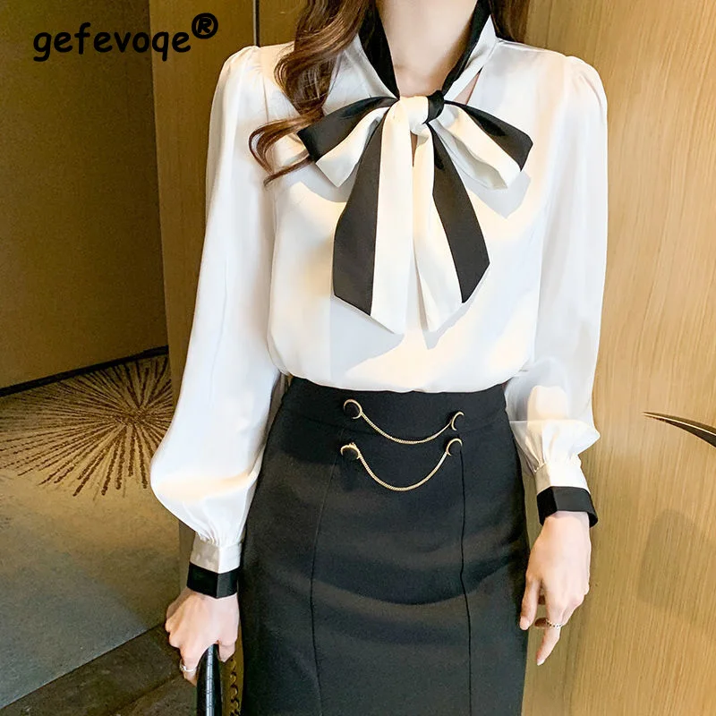 New Fashion Female Elegant Bow Tie Basic White Blouse Chiffon Casual Shirt Office Ladies Summer Sweet Oversize Blouses for Women