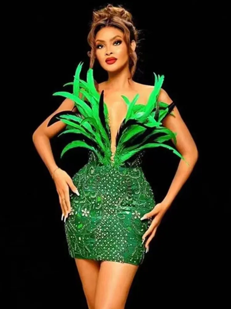 Luxury Women Summer Sexy Strapless Sequins Feather Green Mini Bodycon Dress 2023 Elegant Evening Party Club Dress