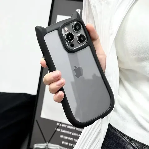 Прозрачный чехол с милыми кошачьими ушками для iPhone 17Air 12 13 14 15 16 Pro Max 11, противоударная акриловая задняя крышка, силиконовый кавайный чехол