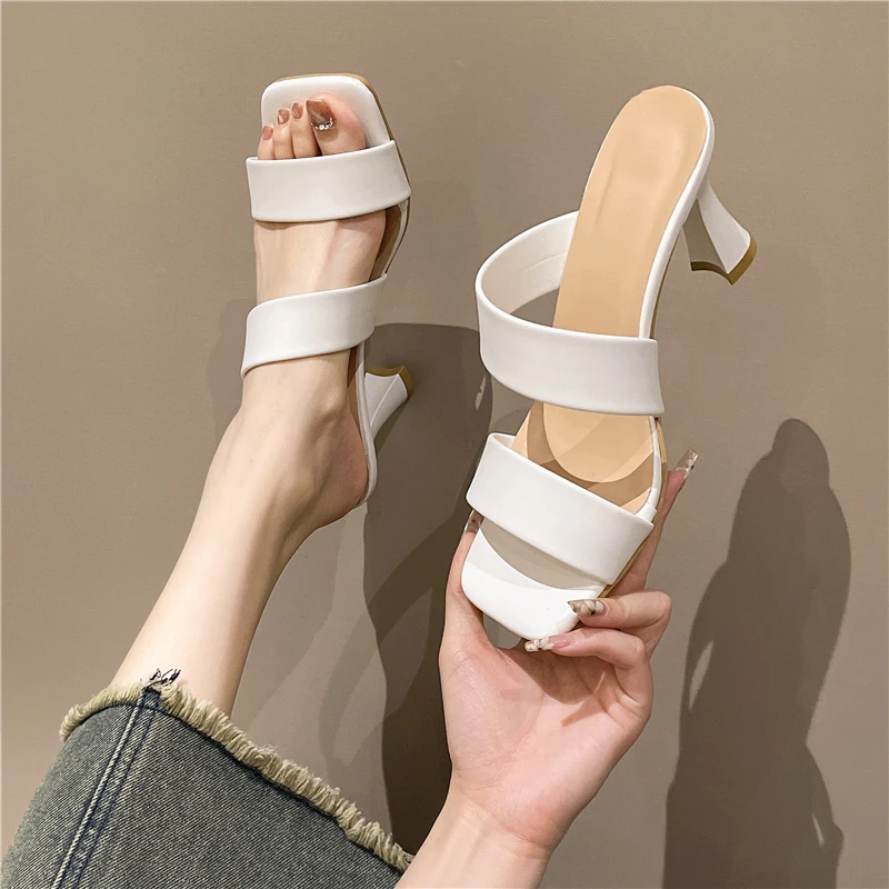 2023Summer New Shoes for Women Modern Women's Slippers Peep Toe Square Toe Ladies High Heels Solid Heeled Sandals Female Zapatos